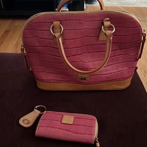 Dooney and Bourke zip zip satchel purse wallet&keychain Pink Crocodile